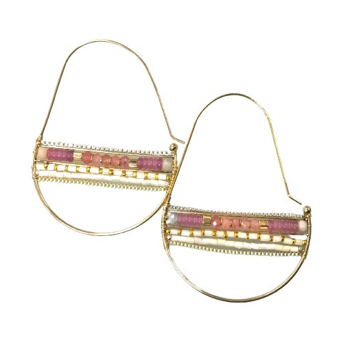 Gold Rose Quartz Beaded Hoop Earrings