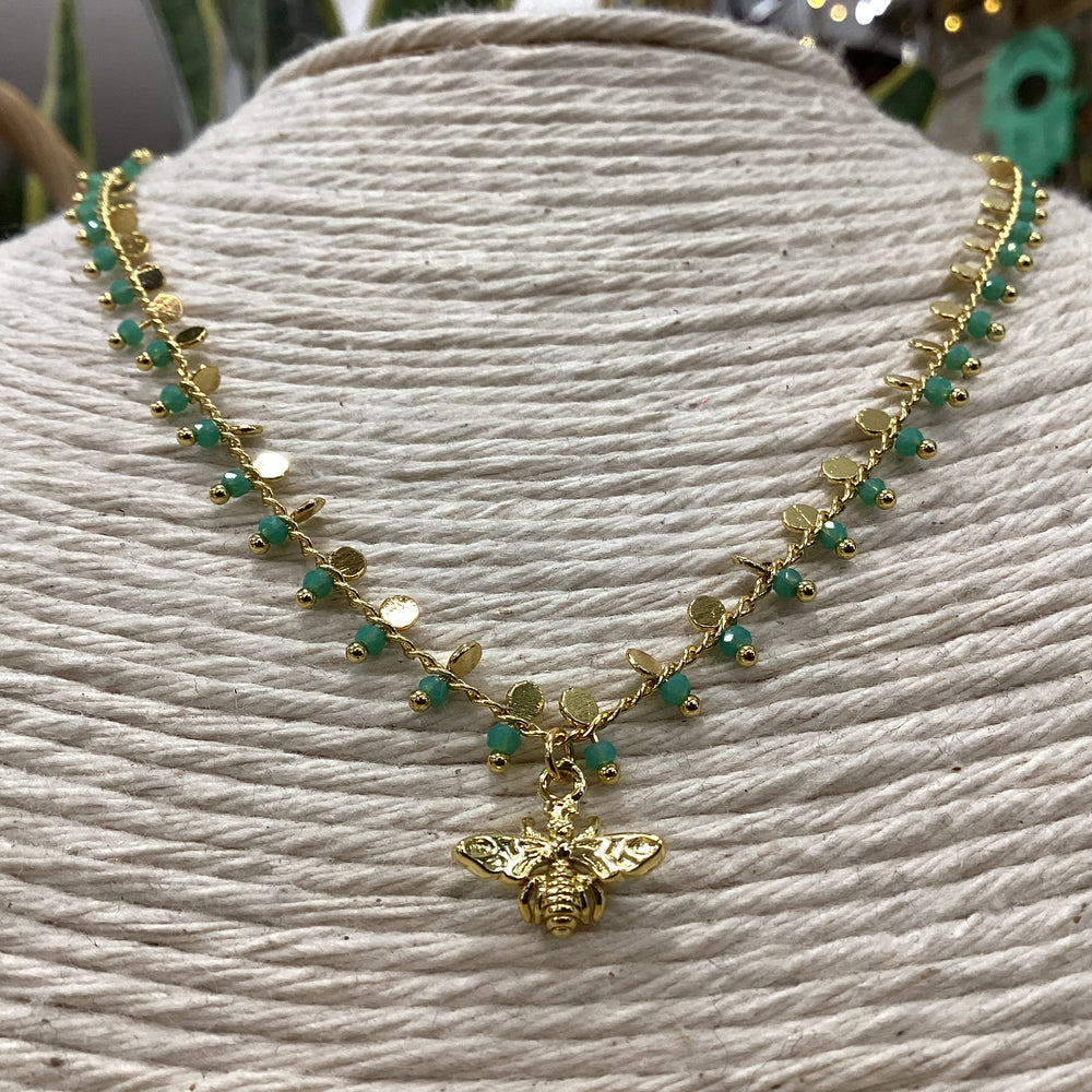 Gold Bee Necklace with Crystal Beads