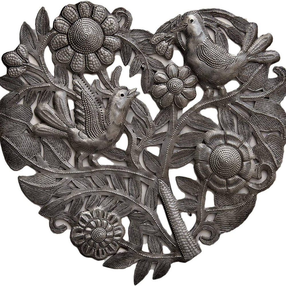 Haitian Metal Heart with Birds & Flowers, 11"