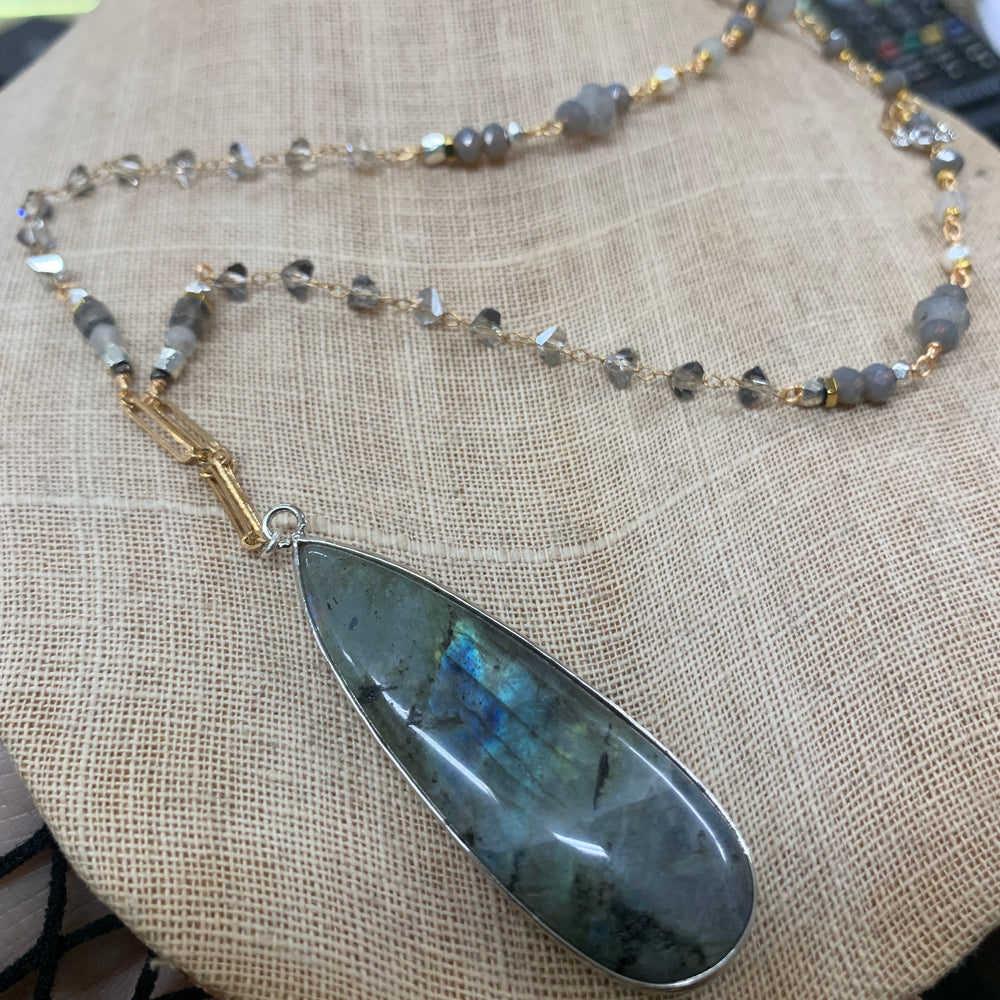 Labradorite & Clear Quartz Mixed Metal Beaded Necklace