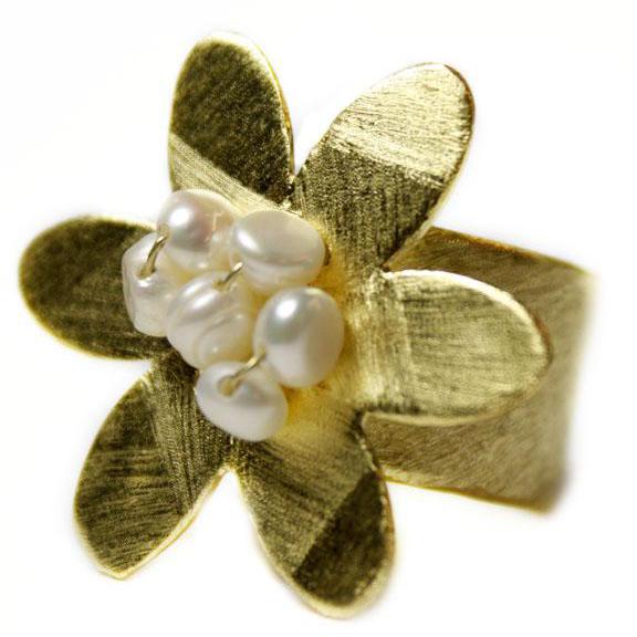 Gold Plated Flower & Pearl Ring