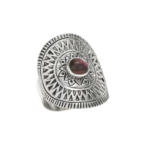 Stamped Silver Shield & Garnet Ring